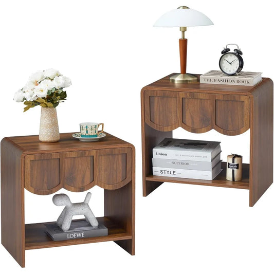 Set/2 Farmhouse Wood Nightstand with Wave Panel Drawe