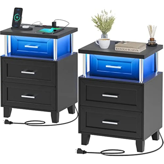 Set/2 Night Stand 3 Drawers Charging Station LED