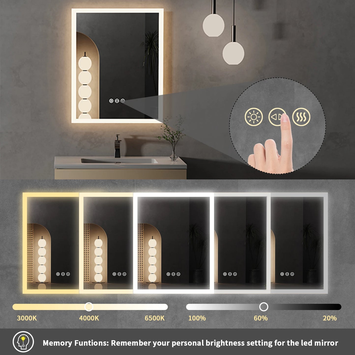 16x20 inch LED Lighted Smart Bathroom Mirror