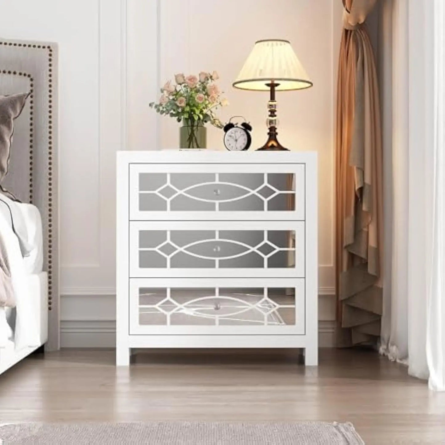Night Stand, 26 Bedside Table with 3 Mirrored Drawers, Bedroom Nightstand, White Night Stand, Large Storage Bed Desk, Mid Centu