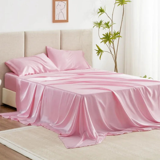 4PC Pink Silky Satin Queen sheet Set