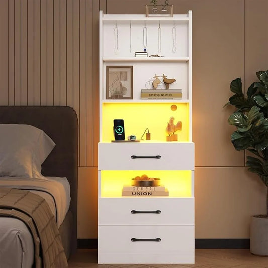 Tall Nightstand Charging Station LED Lights Bookshelf,