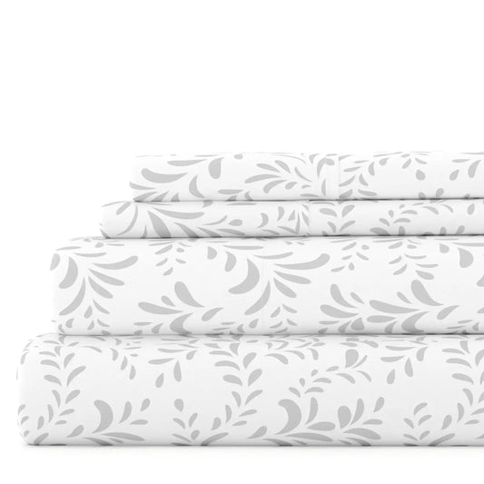 Microfiber Bed Sheets Set, Light Gray Vines,